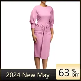 Ethnic Clothing Spring Summer Fashion Office Ladies Dress Women Casual Solid Lantern Sleeves Knot Slim