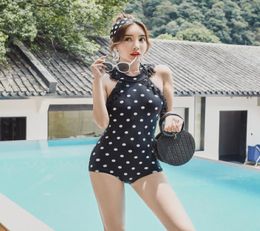 Spring Bathing Suit Sexy Chest Gather Cover Belly Thin White Dot Printed One Piece Black Swimsuit7034717