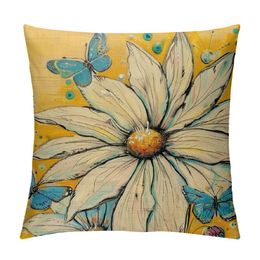 Spring Lumbar Decorative Pillow Cover , Daisy Flower Yellow Porch Patio Outdoor Pillowcase, Floral Butterfly Seasonal Sofa Couch Cushion Case Home Decor
