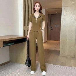 Women's Two Piece Pants Women Two-piece Set Hooded Short-sleeved Top Sweatshirt Wide Leg For Sport Outfit With High Elastic