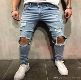 New Mens Ripped Holes Jeans Straight Slim Elastic Denim Skinny Jean Black Blue Jeans Male Long Trousers Jeans Pants4437354