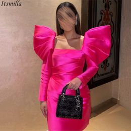 Itsmilla Hot Pink Satin Cocktail Dresses Square Neckline Long Puff Sleeves Short Prom Celebrity with Zipper Wedding Party Dress