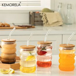 4PCS Creative Glass Cup with Lid Straw Heatresistant Wave Beer Juice Ice Coffee Cups Cocktail Fruit Bubble Drinkware 240523