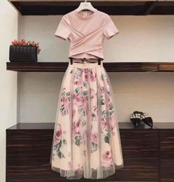 Two Piece Dress Women Flower Pring Mesh Skirt And Cotton Irregular Tshirt Casual 2 Set Bowknot Pink Crop Tops Floral Midclf Sets2711924