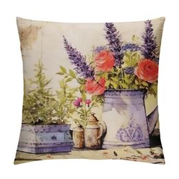 French Vintage Euro Style Throw Pillow Covers Rose Tulip Lavender Flower Print Home Pillow Case Decor Balcony Sofa Bedroom