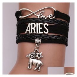 Charm Bracelets 12 Zodiac Sign Love Infinity For Women Men Horoscope Letter Braided Leather Rope Wrap Bangle Fashion Diy Jewellery Drop Dha4C