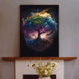 Flashing Magic Life Tree Posters Printmaking Galaxy Aurora Plant Canvas Art Natural Beauty Home Decor Wall Living Room Painting