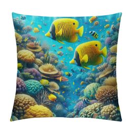 Schöne schöne Fische Kissenbezüge Aquarell Marine Life Bunte Korallenmalerei Kissen Hülle Dekorative Kissenabdeckung für Home Sofa Büro 18x18inch