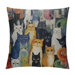 Cartoon Colourful Cute Cats Throw Pillow Cover Adorable Kitten Animal Painting Pillow Case Cushion Decorative for Couch Bed Home