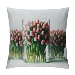 Spring Tulips Throw Pillow Cover Farmhouse Pink Floral Bloom Vase Pillowcase Flowers Spring Summer Patio Decirations Cushion Case for Sofa Couch Home Bed