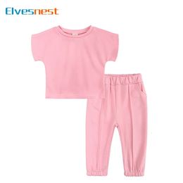 Fashion Solid Colour Baby Girl Outfit Set Cotton Short Sleeve Tops Pants 2 PCS Summer Children Girls Clothing Sets 27 Years 240516