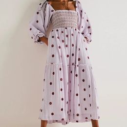 Beach Style Holiday Ruffle Swing A Line Maxi Dress Bohemian Floral Women Lady Square Neck Long Sleeve Club Party 240524