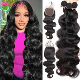 Hair Wefts Aopusi Body Wave Bundle with Closed Brazilian Hair Braided Bundle with Closed Hair Extending 3/4 Bundle with Closed Q240529