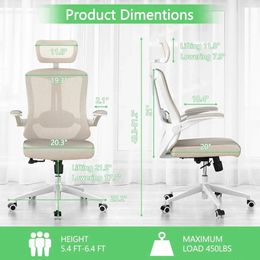 Ergonomic Office Chair, Home Desk Chair with Adjustable Headrest & Lumbar Support, with Swivel PU Silent Wheels, Flip-Up Arms