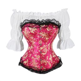 Corset Blouse for Women Pirate Set Floral Embroidery Corsets Bustier Outfits Vintage Overbust Corsage 2 Piece Steampunk Costumes
