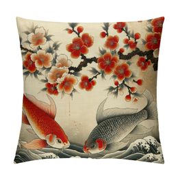 Carps Throw Pillow Cover Fish Ink Asian Branch Couple Culture Floral Bud Nature Pond Luck Pillow Case 16x16 Inch Decorative Square Cushion for Home Couch Bed Black Red