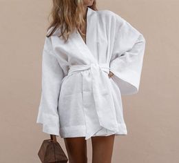 Women s V Neck Kimono Cardigan Mini Dress White Cotton Linen Long Sleeve Sashes Lace Up Dresses Women Summer Loose 2206189499881