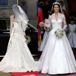 Kate Middleton A-Line Wedding Dresses Ruffles Satin Bridal Dress Lace Long Sleeves V-Neck Gorgeous Royal Wedding Gown