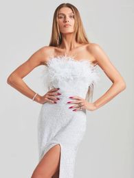 Casual Dresses 2024 Designer Fashion Women Summer Elegant White Furry Banage Dress Open Leg Maxi Long Celebrity Evening Club Party Gowns