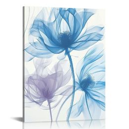 Abstract Xray Blue Tulip Floral Canvas Wall Art Modern Abstract Flower Picture Framed Artwork Blue Bathroom Office Decor (A)