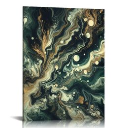 Green Gold Marble Wall Art Abstract Marble Texture Green Black and Gold Picture Glitter Fluid Modern Abstract Dark Green Gold Foil Lines Marble Art Living Room Decor