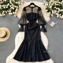 High end luxurious and niche sequin embroidered fishtail dress with a sense of luxury. Perspective mesh bubble sleeve dress for women