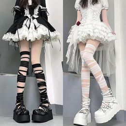 Women Socks Spicy Girl Bandage Stripe Long Stockings Female Sexy Summer Cross Tube White Lolita Jk Y2k