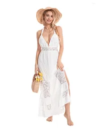 Casual Dresses Wsevypo Boho Lace Crochet Patchwork White Beach Dress For Women Summer Backless Sleeveless Halter Tie-up Long Holiday
