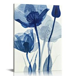 Black Framed Blue Flickering Flower Modern Abstract Paintings Canvas Wall Art Grace Floral Pictures on Canvas Prints Artwork for Bedroom Office Home Decorations