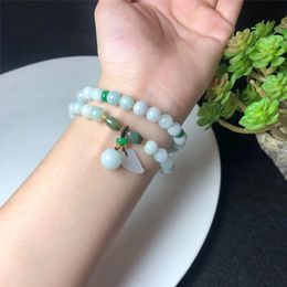Natural Emerald Jade Bead Elastic Double Layer Bracelet Green Stone Leaf Apple Pendant Adjustable Bangle For Woman Lucky Amulet 240529