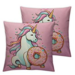 Cute Cartoon Unicorn Eating Donuts Throw Pillow Case Cushion Cover Couch Sofa Decorative Square 2pc