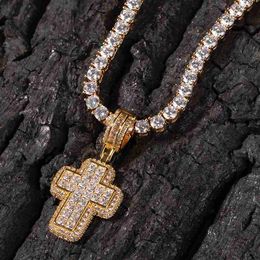 Shining Diamond Stone Cross Anhänger Halskette Schmuck 18k Real Gold Plated Bling Männer Frauen Geschenk Religiös w8fb