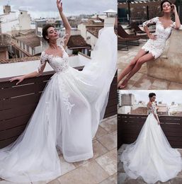 Elegant Two Piece Wedding Dresses With Overskirt Train Princess Appliques Lace Beach Bridal Dress 2024 Half Sleeve 2 In 1 Short Boho Bride Dress Charming Robe Mariee