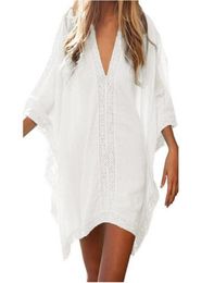 Beach Cover Ups 2021 Summer Women Dress Bikini Chiffon Short Dredd Beachwear Solid Swimsuit Sexy Deep VNeck Robe Tunic Women0391559243