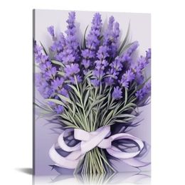 Purple Flower Canvas Wall Art Lavender Pictures Wall Decor Floral Plant Painting Print for Bathroom Bedroom Decor