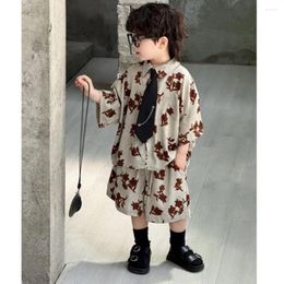 Clothing Sets Boys' Lapel Shirt Shorts Two-piece Summer Suits With Tie Korea Casual 2024 Children's Fragmented Flower Handsome