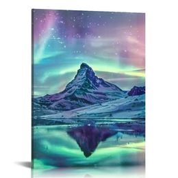 Aurora Wall Art over The Mountains Scenery Picture Northern Lights Print Painting Farmhouse Framed Artwork Starry Sky Landscape Bedroom Wall Decor