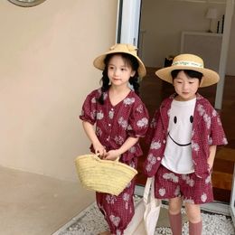 Sister Brother Matching Clothes Beach Girl Dress Kids Vacation Look ShirtShorts Summer Outfits Korean Children Clothing 240529