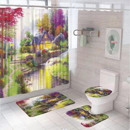 Shower Curtains Country Oil Painting Farmhouse Curtain Sets Village Stream Scenery Tree Bathroom Screen Bath Mat Toilet Cover Carpet Rug