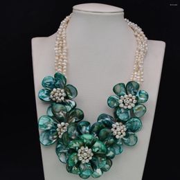 Chains 4 Strands Green Shell Flower And Natural White Pearl Short Sweater Necklace