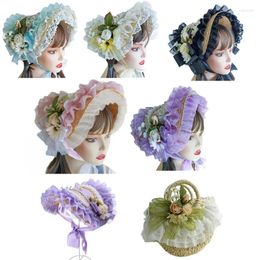 Berets Teas Party SunHat Lace Fascinators For Women Lolit Straw Hat Victorian Bonnet Headdress Floral