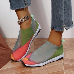 Casual Shoes 2024 Women Breathable Sneakers Spring Knitted Fabric Ladies Mix Colours Slip On Comfy Vulcanize Large-Sized 43 Sport Flats