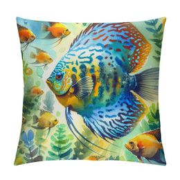 Coastal Throw Pillow Covers Ocean Outdoor Beach Pillows Cover, Summer Theme Sea Fish Decor Square Pillowcase for Patio Couch Sofa