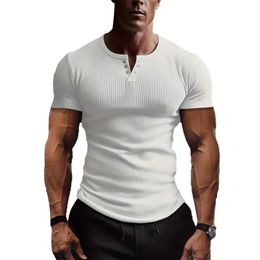 Men's T-Shirts Mens ribbed slim fit short sleeved T-shirt V-neck muscle fitness shirt topL2405