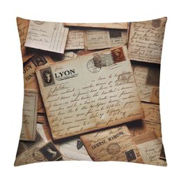Decorative Ramie Square Throw Pillow Cover Cushion Case Vintage Khaki Background Words Pattern Toss Pillowcase (for Living Room, Sofa)