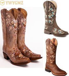 Boots Fashion Women039s Floral Embroidered Western Cowgirl Shoes Knee High Riding Leather Vintage5850738