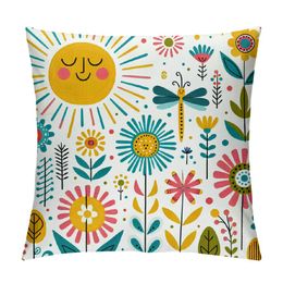 Floral Throw Pillow Cover Summer Season Sun Butterflies Dragonfly Flowers Happiness Spring Theme Decorative Pillow Case Home Decor Square Pillowcase