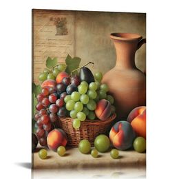 Kitchen Wall Decor Art for Dining Room Vintage Theme Fruit Pictures Farmhouse Rustic Signs Paintings Bar Accessories Realism Colorful Framed Decorations