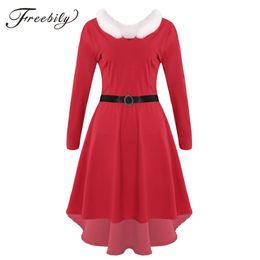 Women Christmas White Faux Fur Trimmings Long Sleeves High-low Hem Red Midi Dress with Belt Mrs Santa Claus Xmas Party Costume 2793