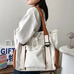Nylon Fabric Shoulder Crossbody Bags For Women Multipocket Drawstring Tote Bag Large Capacity Student Book Handbag 240529